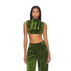 NBD Crinkled Velvet Backless Top in Juniper Green